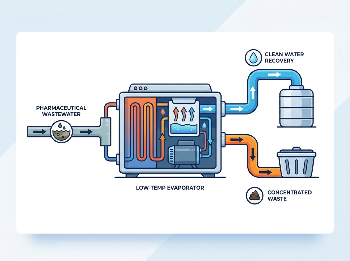 Low-temperature heat pump evaporator for pharmaceutical wastewater treatment